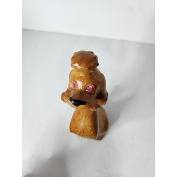 Vintage Hand Carved Wood Poodle Dog Figurine Statue Pink Eyes Mid Century Modern - Picture 4 of 10